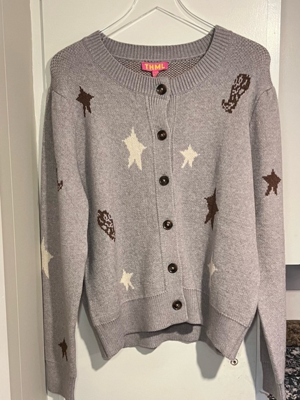 NWT Knit Cardigan BoHo Western Horse Equestrian Boots Stars Gray Brown Cream XL - Picture 6 of 16
